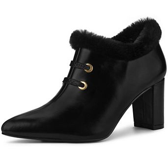 Women's Block Heels Pointed Toe Faux Fur Ankle Booties