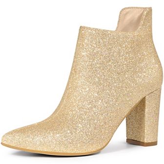 Women's Glitter Pointed Toe Cutout Block Heel Ankle Booties