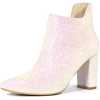 Women's Glitter Pointed Toe Cutout Block Heel Ankle Booties
