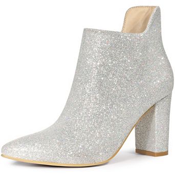 Women's Glitter Pointed Toe Cutout Block Heel Ankle Booties