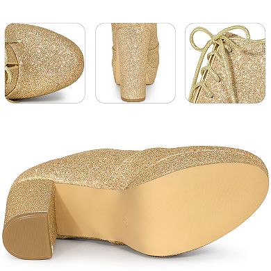 Lace up Chunky Heel Platform Glitter Ankle Booties for Women