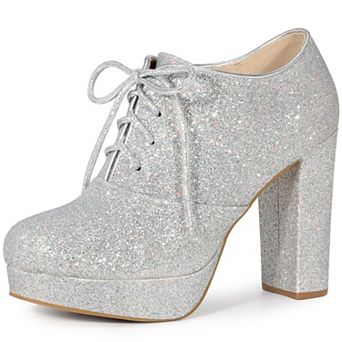 Lace up Chunky Heel Platform Glitter Ankle Booties for Women