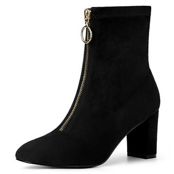 Women's Front Zipper Chunky High Heel Ankle Boots