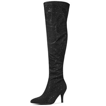 Women's Glitter Pointed Toe Stiletto Heels Over the Knee High Boots