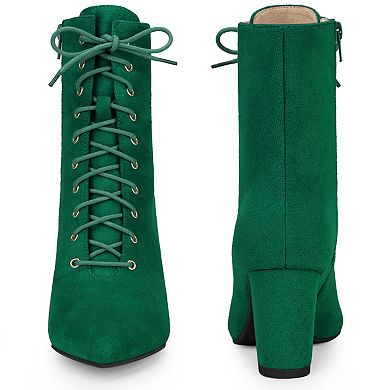 Lace Up Pointed Toe Chunky Heel Ankle Boots for Women