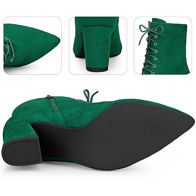 Lace Up Pointed Toe Chunky Heel Ankle Boots for Women