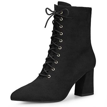Lace Up Pointed Toe Chunky Heel Ankle Boots for Women