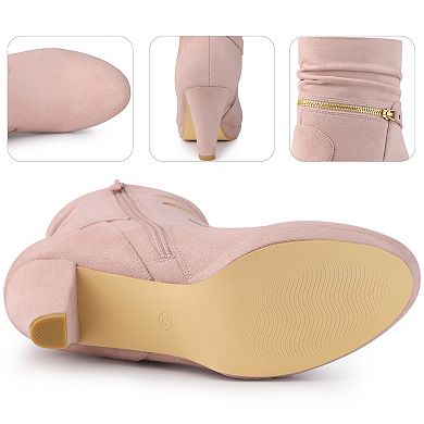 Round Toe Platform Block Heels Mid Calf Boots for Women