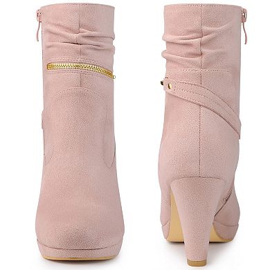 Round Toe Platform Block Heels Mid Calf Boots for Women