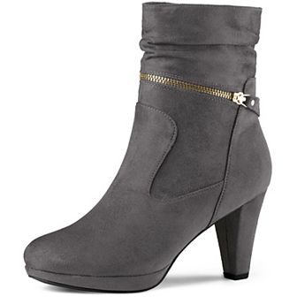 Round Toe Platform Block Heels Mid Calf Boots for Women