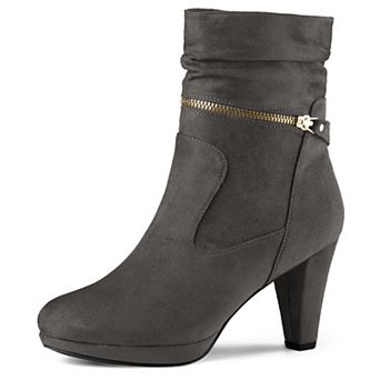 Round Toe Platform Block Heels Mid Calf Boots for Women