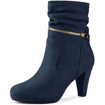 Round Toe Platform Block Heels Mid Calf Boots for Women