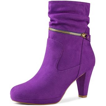 Round Toe Platform Block Heels Mid Calf Boots for Women