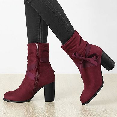 Women's Bow Decor Side Zipper Chunky Heel Ankle Boots