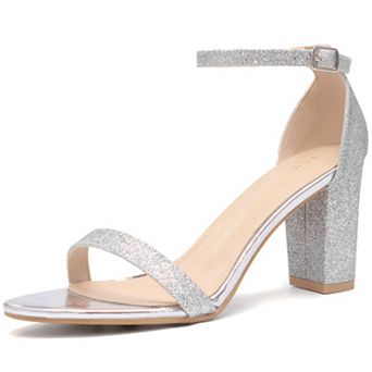 Women's Glitter Ankle Strap Chunky Heels Sandals