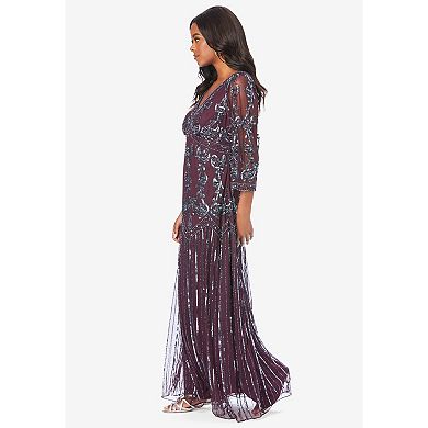 Roaman's Women's Plus Size Beaded V-Neck 3/4 Sleeve Sleeve Maxi Gown