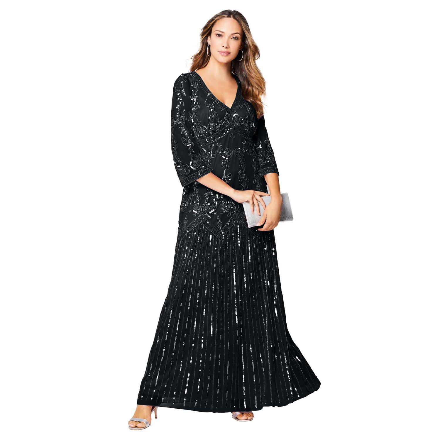 Женские платья Roaman's Plus Size Beaded V-Neck 3/4 Sleeve Sleeve Maxi Gown