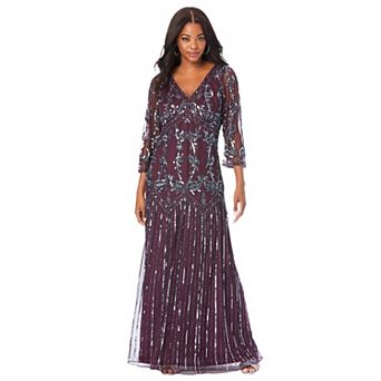 Roaman's Women's Plus Size Plus Size Beaded V-Neck 3/4 Sleeve Sleeve Maxi Gown