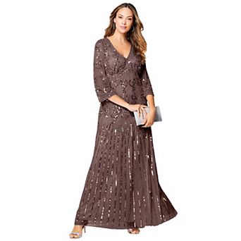 Roaman's Women's Plus Size Beaded V-Neck 3/4 Sleeve Sleeve Maxi Gown