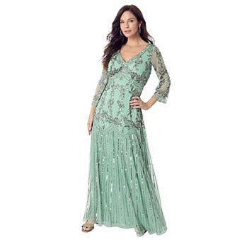 Roaman's Women's Plus Size Plus Size Beaded V-Neck 3/4 Sleeve Sleeve Maxi Gown