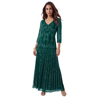 Roaman's Women's Plus Size Beaded V-Neck 3/4 Sleeve Sleeve Maxi Gown