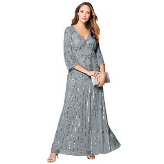 Roaman's Women's Plus Size Plus Size Beaded V-Neck 3/4 Sleeve Sleeve Maxi Gown