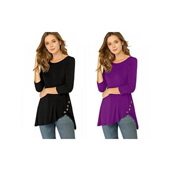 2 Packs Women's Round Neck 3/4 Sleeve Asymmetric Hem Casual Tunic Top