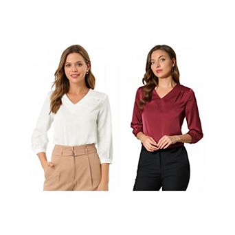2 Packs Women's V-Neck 3/4 Sleeve Casual Office Work Satin Blouses