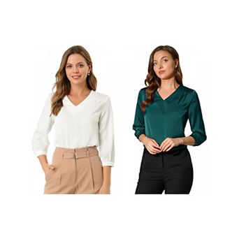 2 Packs Women's V-Neck 3/4 Sleeve Casual Office Work Satin Blouses