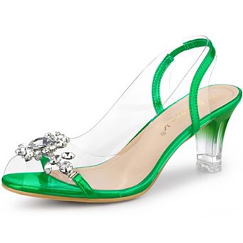 Women's Clear Slingback Flower Rhinestone Peep Toe Heels Sandals