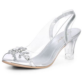 Women's Clear Slingback Flower Rhinestone Peep Toe Heels Sandals