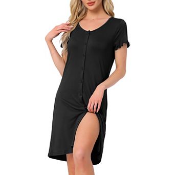 Women's Nightgown Sleep Dress Short Sleeve Button Down Solid Crewneck Night Dress with Pockets