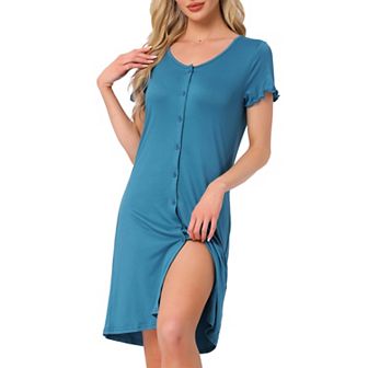 Women's Nightgown Sleep Dress Short Sleeve Button Down Solid Crewneck Night Dress with Pockets