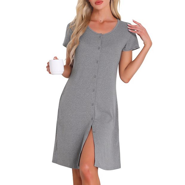 Women's Nightgown Sleep Dress Short Sleeve Button Down Solid Crewneck Night  Dress with Pockets