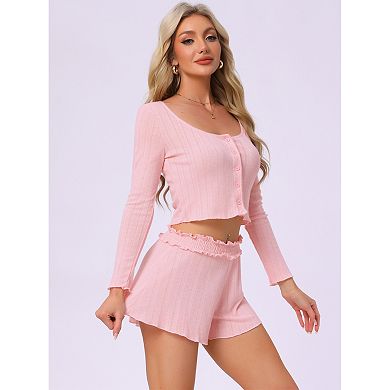 Women's Lounge Set Long Sleeve Pajamas Button Shirts with Shorts 2 Piece Y2k Workout Sets
