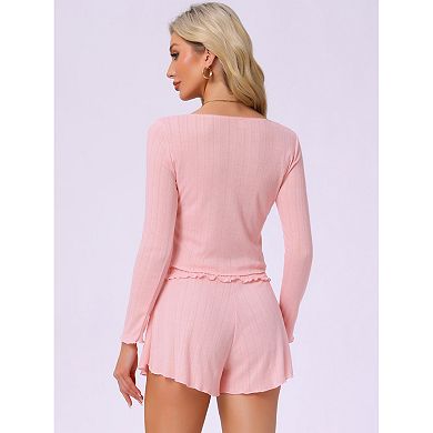 Women's Lounge Set Long Sleeve Pajamas Button Shirts with Shorts 2 Piece Y2k Workout Sets