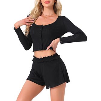 Women's Lounge Set Long Sleeve Pajamas Button Shirts with Shorts 2 pc Y2k Workout Sets