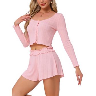 Women's Lounge Set Long Sleeve Pajamas Button Shirts with Shorts 2 pc Y2k Workout Sets