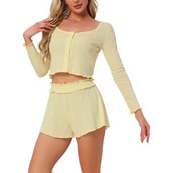 Women's Lounge Set Long Sleeve Pajamas Button Shirts with Shorts 2 pc Y2k Workout Sets