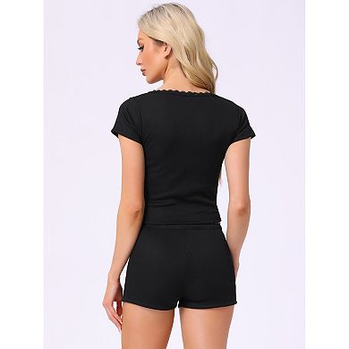 Women's Cotton Pajama Sets Lace Trim Short Sleeve Top and Shorts Set Cute Lounge Set