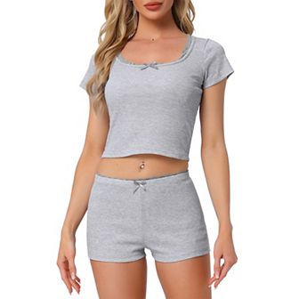 Women's Cotton Pajama Sets Lace Trim Short Sleeve Top and Shorts Set Cute Lounge Set