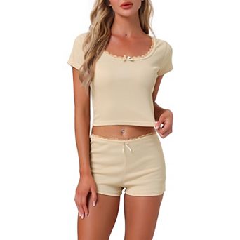 Women's Cotton Pajama Sets Lace Trim Short Sleeve Top and Shorts Set Cute Lounge Set