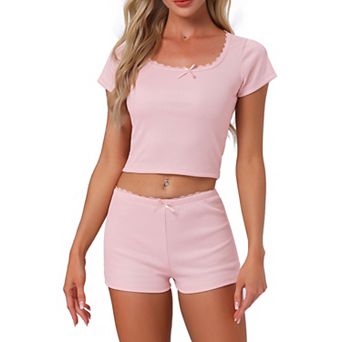 Women's Cotton Pajama Sets Lace Trim Short Sleeve Top and Shorts Set Cute Lounge Set