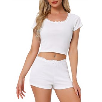 Women's Cotton Pajama Sets Lace Trim Short Sleeve Top and Shorts Set Cute Lounge Set