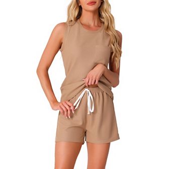 Women's Waffle Knit Casual Outfits V Neck Pajamas Sleeveless Pjs Tank Top with Shorts Lounge Sets