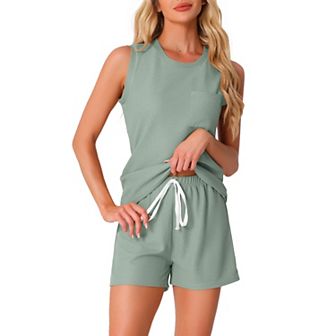 Women's Waffle Knit Casual Outfits V Neck Pajamas Sleeveless Pjs Tank Top with Shorts Lounge Sets