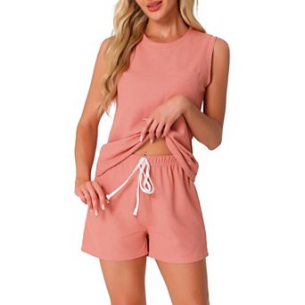 Women's Waffle Knit Casual Outfits V Neck Pajamas Sleeveless Pjs Tank Top with Shorts Lounge Sets