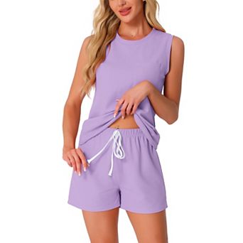Women's Waffle Knit Casual Outfits V Neck Pajamas Sleeveless Pjs Tank Top with Shorts Lounge Sets