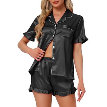 Women's Satin Pajamas Set Silky Short Sleeve Shorts Pjs Button Down Lingerie Ruffle Sleepwear