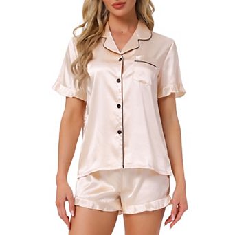 Women's Satin Pajamas Set Silky Short Sleeve Shorts Pjs Button Down Lingerie Ruffle Sleepwear